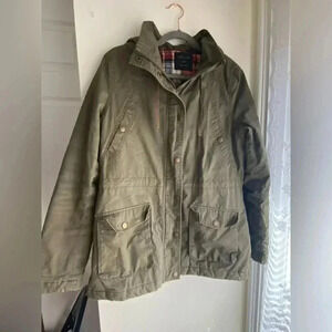 Women’s Utility Jacket Coat Army Green with Hood Flannel Insert Brass Buttons